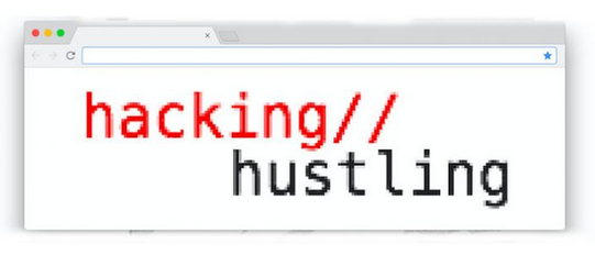 hacking // hustling logo; text framed by a browser tab with hacking // in red and hustling in black