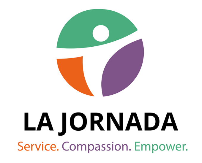 La Jornada in all capital letters in black; the words service, compassion, and empower beneath in orange, purple, and green respectively.