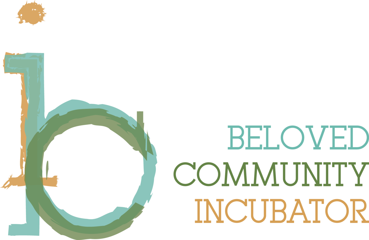 Beloved Community Incubator; image of the letter b painted in brushstrokes of teal, green, and orange