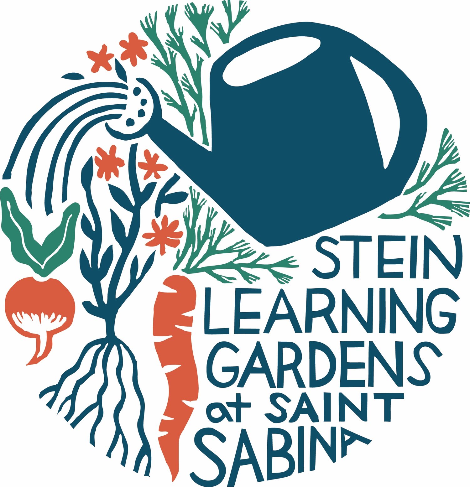 Stein Learning Gardens; drawing of watering can with carrots, radishes, flowers, herbs in blue, green, and orange