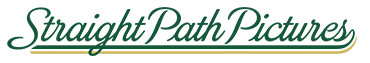 Straight Path Pictures logo. green cursive letters with gold underline