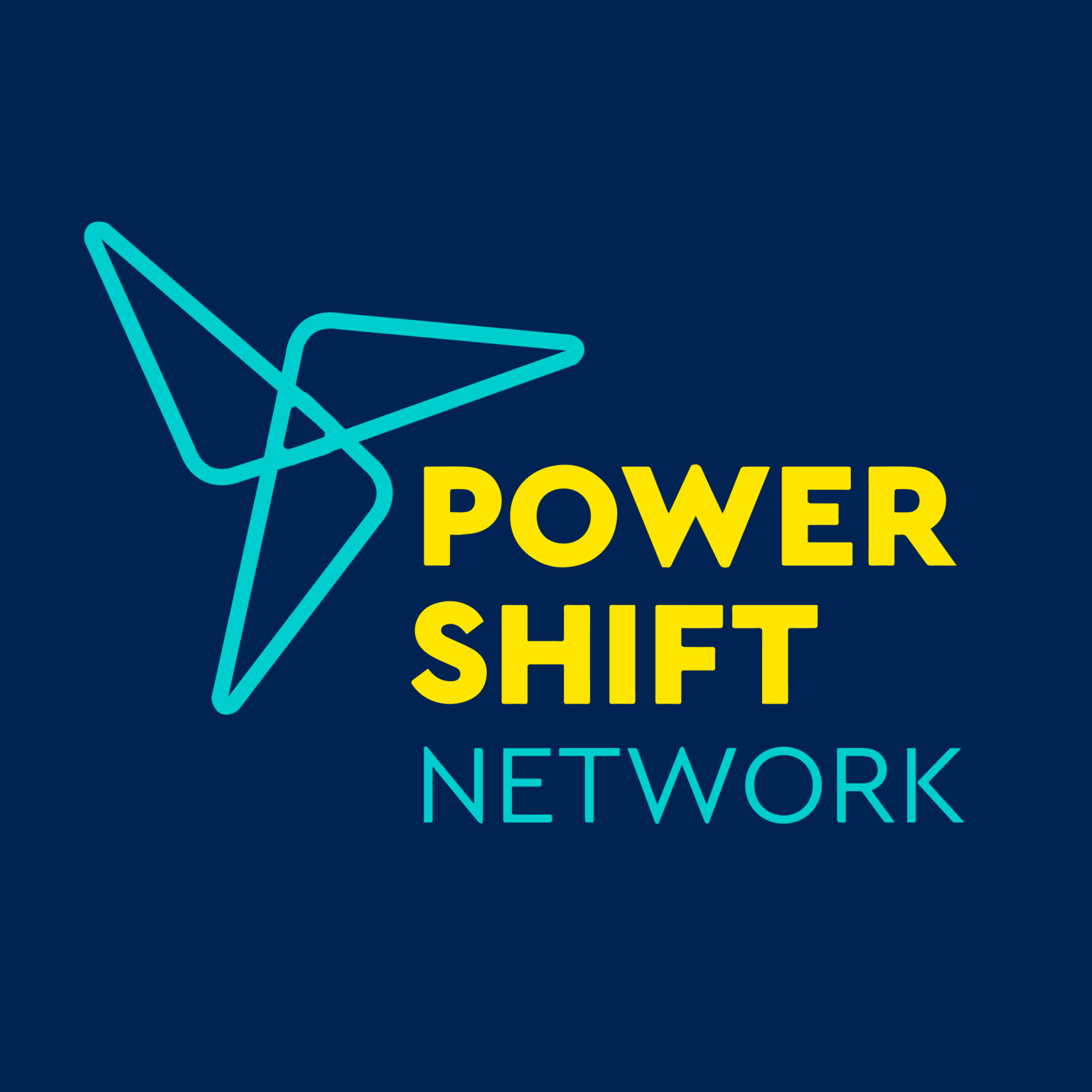 Power Shift Network logo: Bold yellow all capital font power shift, network in teal and an abstract line drawing resembling a wind turbine against a dark blue background