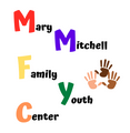 Mary Mitchell Family and Youth Center logo: Brighly colored first letters for each word of the name and three handprints in beige, dark brown, and light brown arranged in a triangle