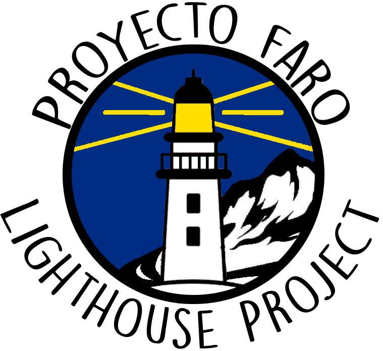 Proyecto Faro Lighthouse Project logo. A circle with a drawing of a lighthouse in the center, yellow rays of light shining from the top of it against a blue background. the lighthouse is placed on top of a rocky hill. the text proyecto faro and lighthouse project are on the outside of the circle