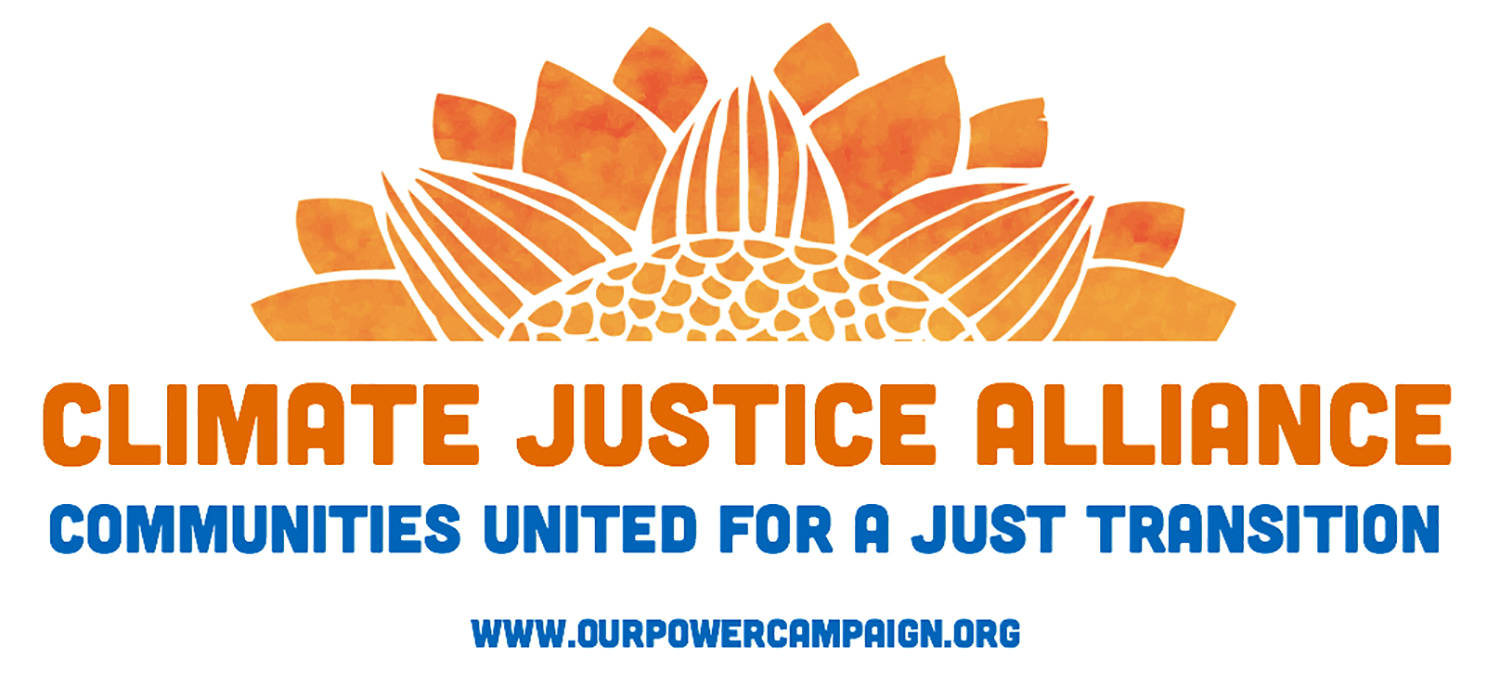 Climate Justice Alliance logo. An orange flower design that looks like a sun on the horizon line, the text Climate Justice Alliance in orange and beneath that in blue the text Communities United for a Just Transition and the website www.ourpowercampaign.org