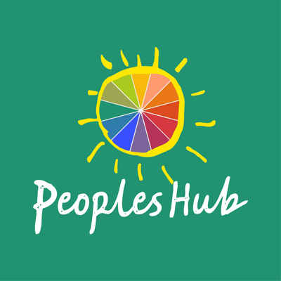 Peoples Hub logo: a rainbow color wheel outlined in yellow hand drawn sun design with white script saying peoples hub against a green background