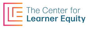 The Center for Learner Equity next to a pink and orange stylized square of interlocking letters CLE