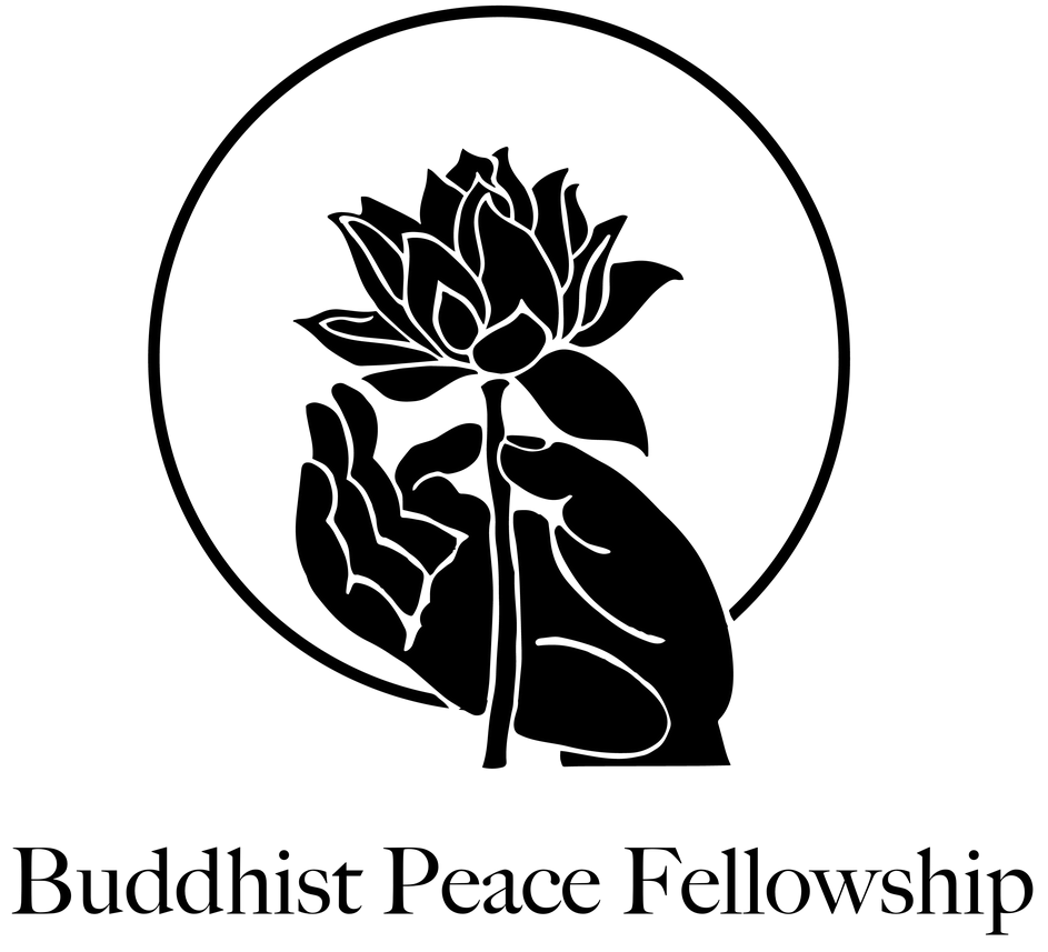 Buddhist Peace Fellowship logo: a drawing in black of a hand holding a lotus flower surrounded by a circle