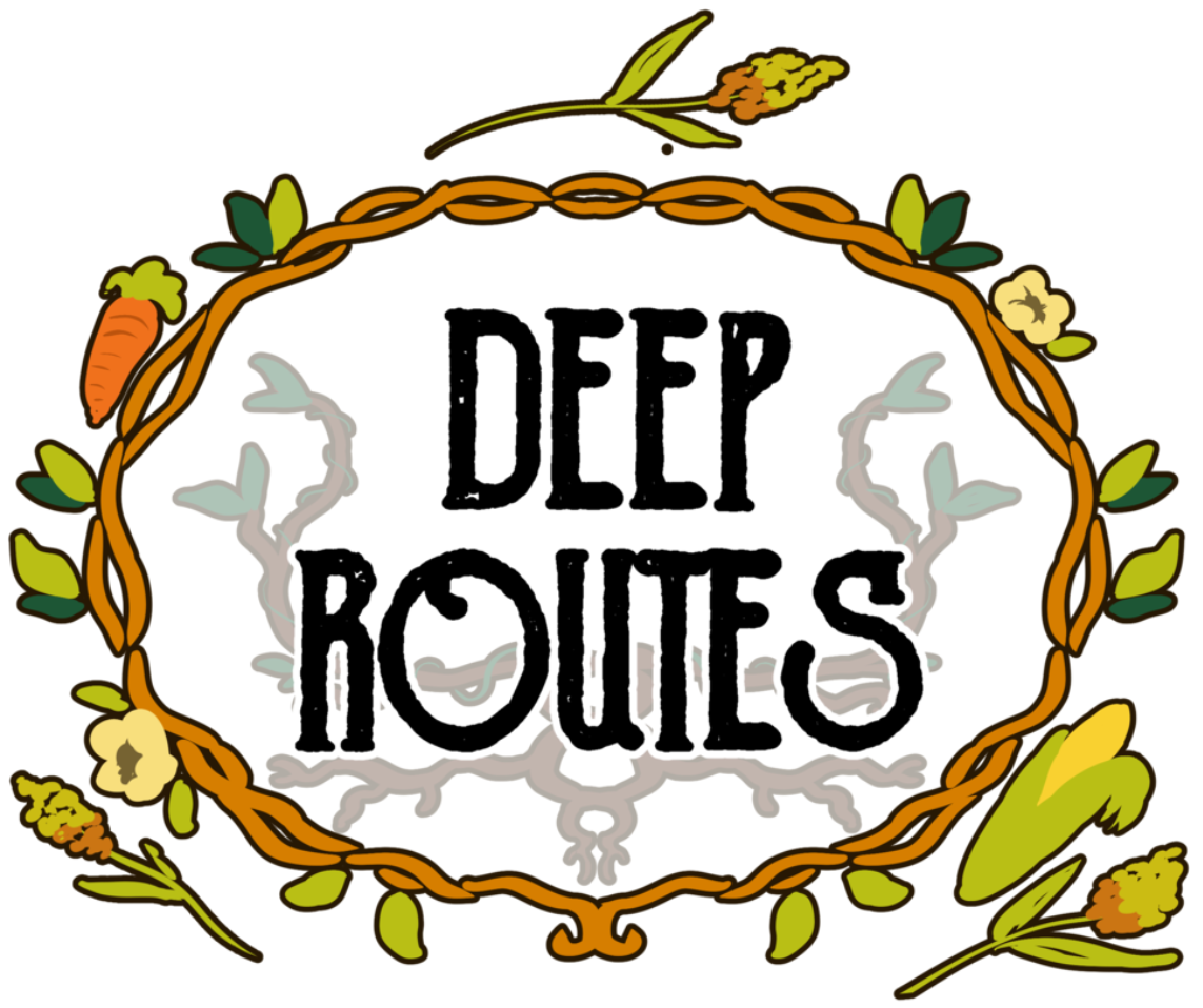 Deep Routes in capital letters in the center of a wreath of plants and vegetables