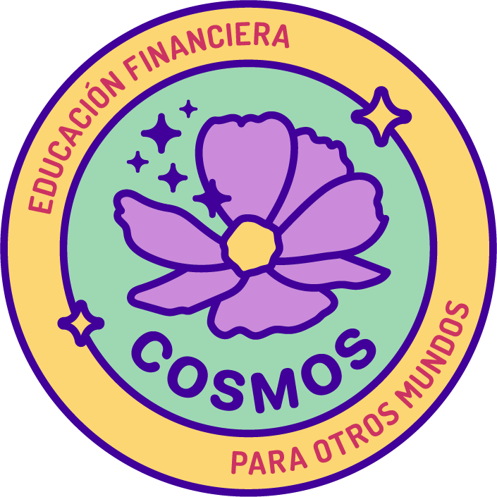 Insignia de Cosmos: texto cosmos con una flor cosmos morado en un circulu a dentro; Educacion Financiera Para Otros Mundos en el circulo afuera
