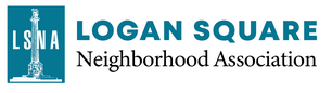 Logan Square Neighborhood Association logo of a blue rectangle with the letters LSNA and a stone memorial column drawing in the background