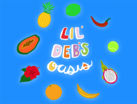 Lil' De's Oasis in rainbow capital letters surrounded by neon glowing drawings of pineapple, pepper, dragonfruit, hibiscus flower, lime, papaya, banana, orange, tennis ball, against a blue background