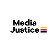 MediaJustice logo of three lines green pink and black stacked on top of one another to make a box