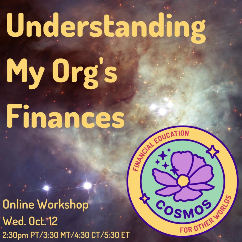 Understanding My Org's Finances workshop title against the background of a nebula with Cosmos Financial Education for Other Worlds logo