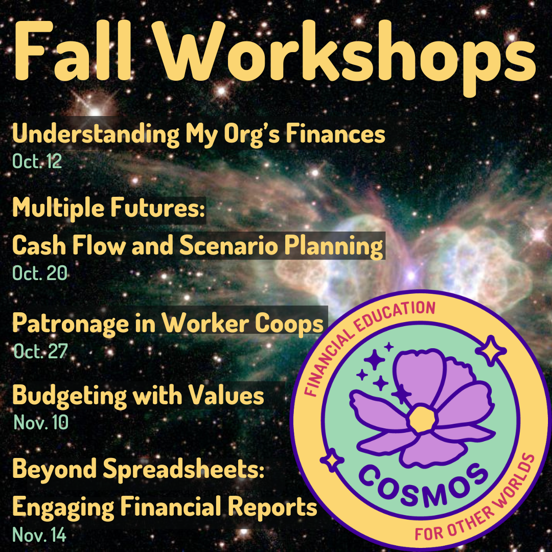 List of cosmos fall workshop titles against the background of a nebula